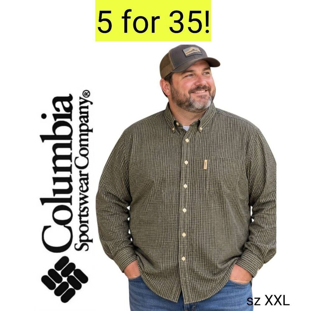 Columbia Sportswear Co Cotton Neutral Army Green & Black Plaid Long Sleeve Shirt